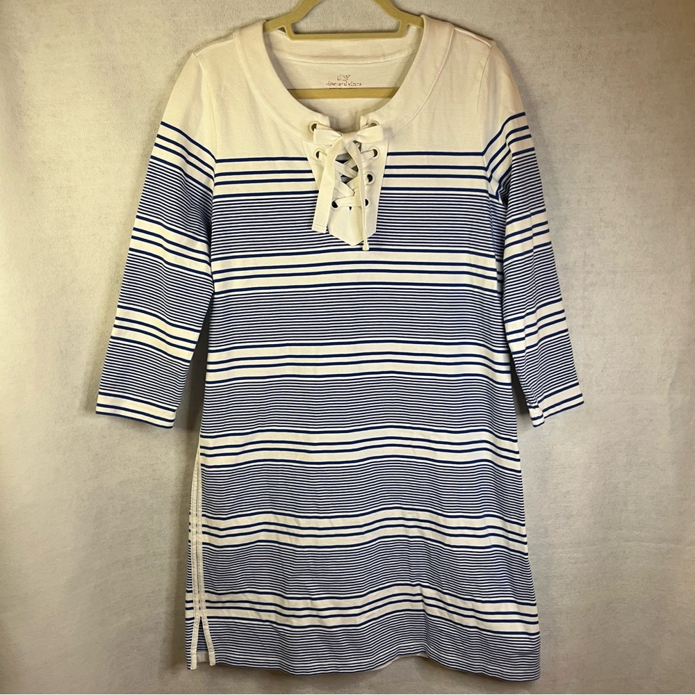 Vineyard Vines Yacht White Blue Striped Lace Up Cotton Dress Size Medium Coastal